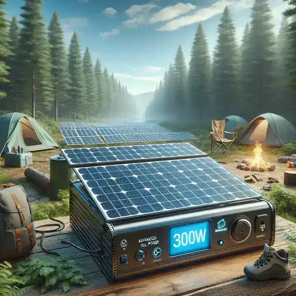 "Anker 300W Solar Generator for Camping, showcasing compact design and solar panels, perfect for outdoor adventures and eco-friendly power solutions."
