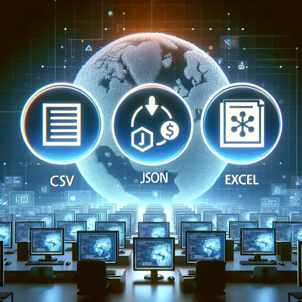 "Screenshot of a user interface displaying data export options in CSV, JSON, and Excel formats for streamlined data management in a comprehensive guide."